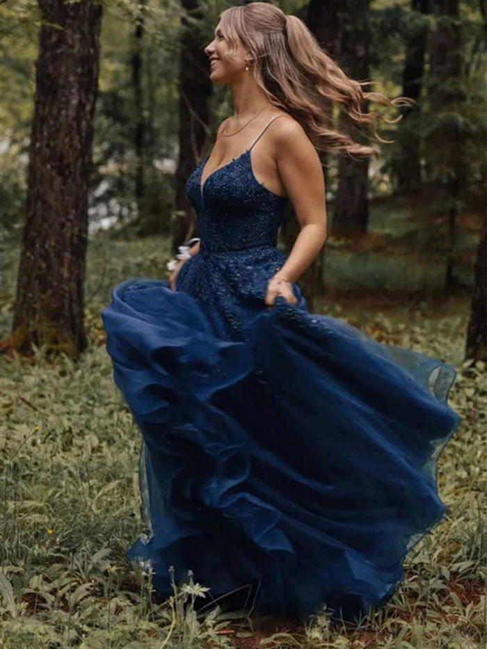 V Neck Navy Blue Lace Long Prom Dresses, Navy Blue Lace Formal  Evening Dresses