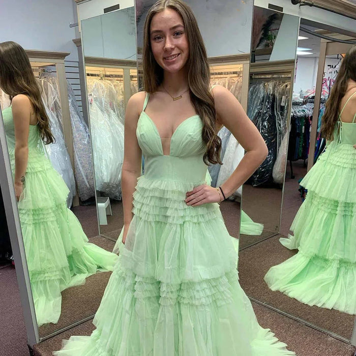 V Neck Open Back Green Layered Long Prom Dresses, V Neck Green Formal Evening Dresses