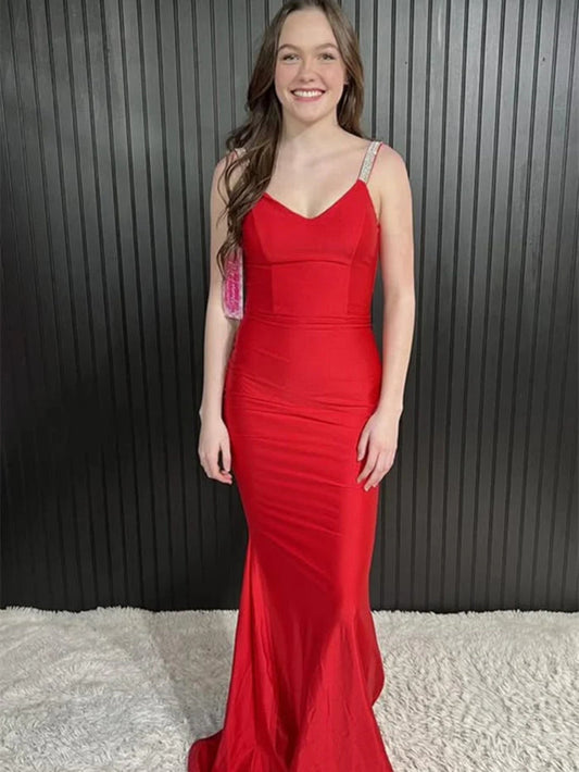 V Neck Open Back Mermaid Red Satin Long Prom Dresses, Mermaid Red Formal Evening Dresses