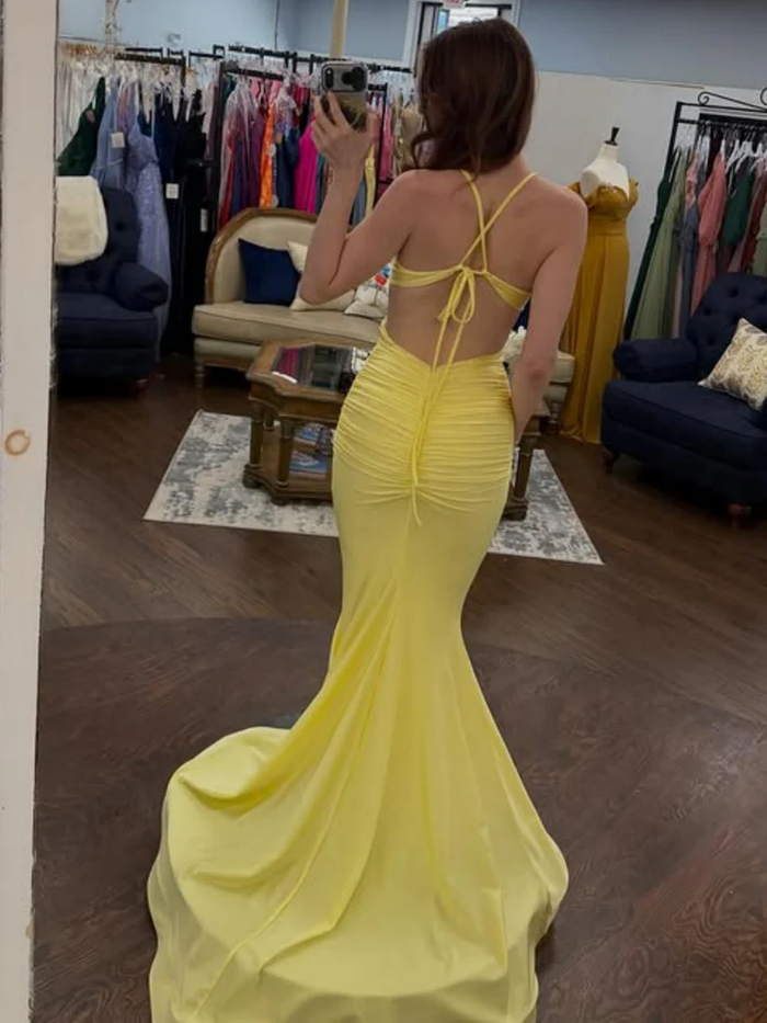V Neck Open Back Yellow Mermaid Satin Long Prom Dresses, Mermaid Yellow Formal Graduation Evening Dresses