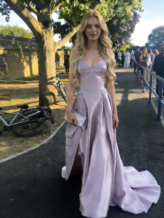 V Neck Purple Backless Long Prom Dresses, Open Back Purple Lace Formal Evening Dresses