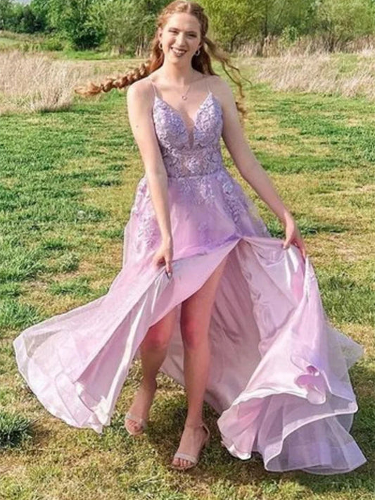 V Neck Purple Lace Long Backless Long Prom Dresses, V Neck Lilac Lace Open Back Formal Evening Dresses