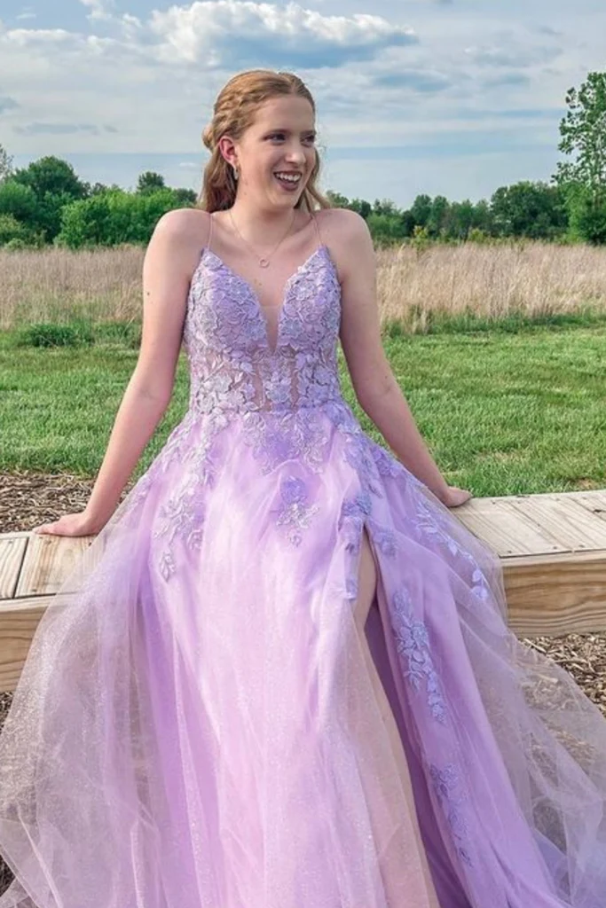 V Neck Purple Lace Long Backless Long Prom Dresses, V Neck Lilac Lace Open Back Formal Evening Dresses