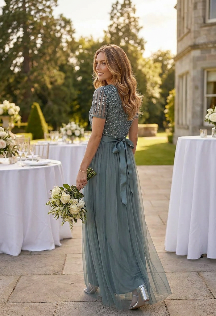 V Neck Sequin and Tulle Dress with Tie Waist