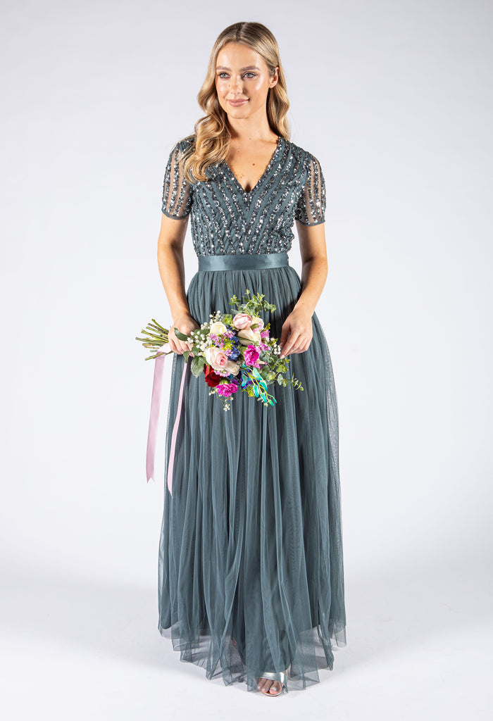 V Neck Sequin and Tulle Dress with Tie Waist