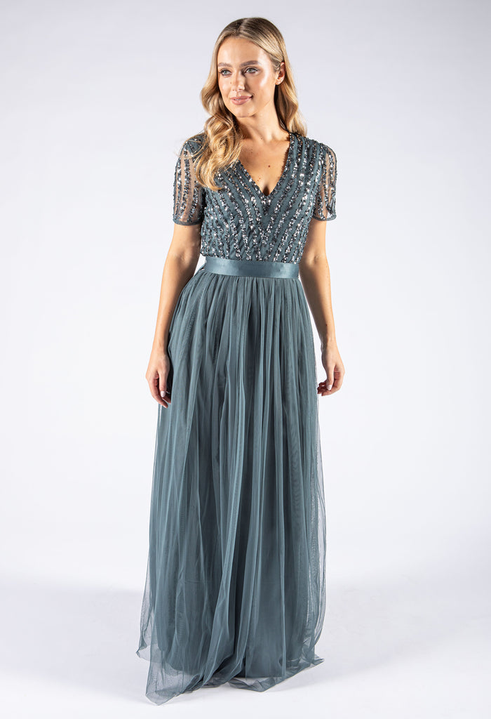 V Neck Sequin and Tulle Dress with Tie Waist