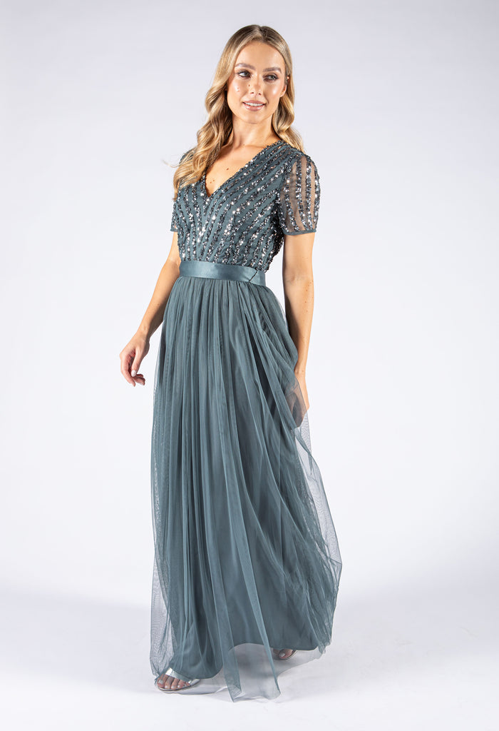 V Neck Sequin and Tulle Dress with Tie Waist