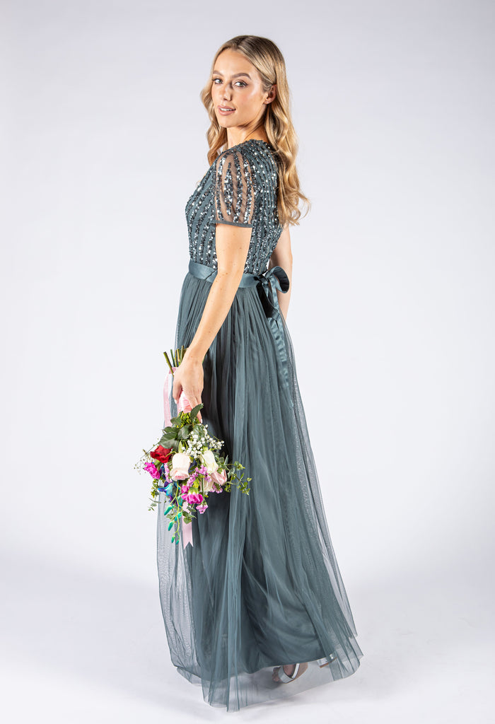 V Neck Sequin and Tulle Dress with Tie Waist