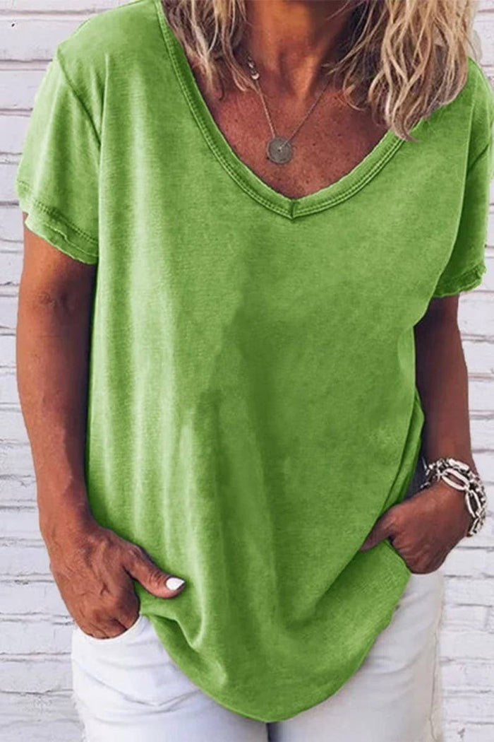 V NECK SOLID COLOR  SHORT SLEEVED TOP (3 Colors)