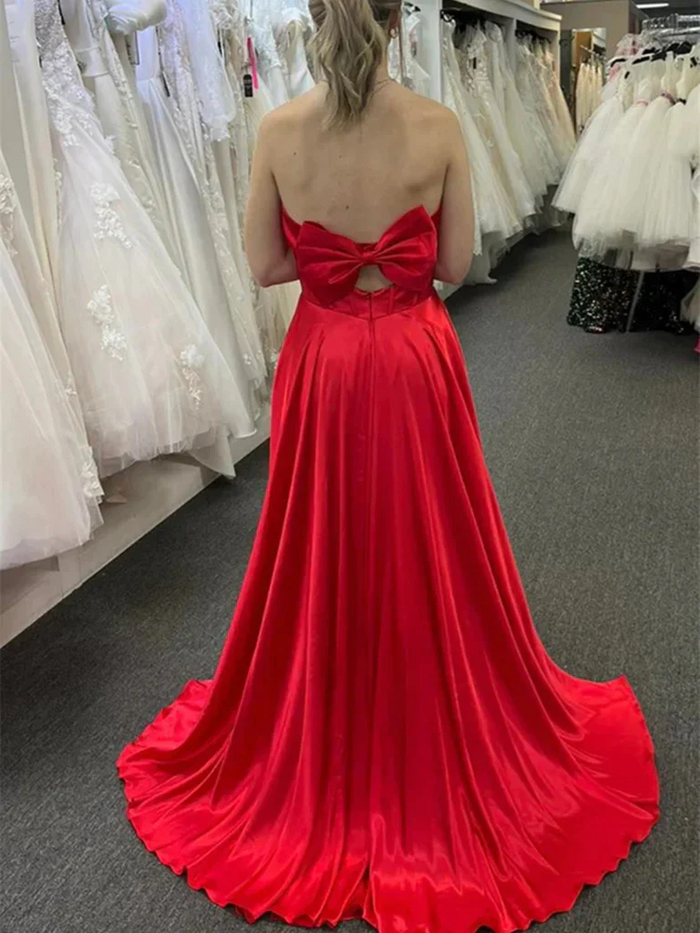 V Neck Strapless Red Long Prom Dresses, Strapless Red V Neck Long Formal Evening Dresses