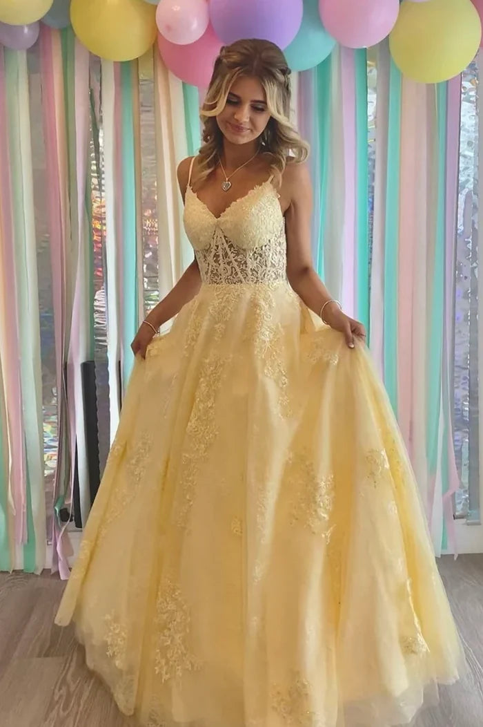 V Neck Yellow Lace Tulle Long Prom Dresses, Yellow Lace Formal Evening Dresses