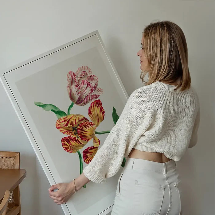 Various Tulips by John Edwards Print held up against a living room wall