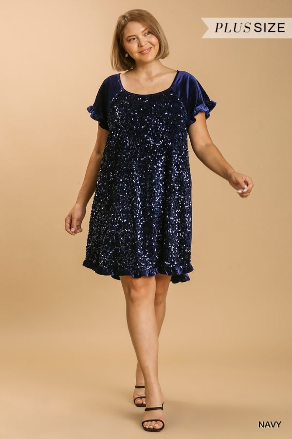 Velvet Sequin Short Ruffle Sleeve Dress -PLus