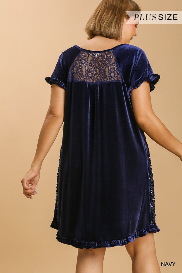 Velvet Sequin Short Ruffle Sleeve Dress -PLus