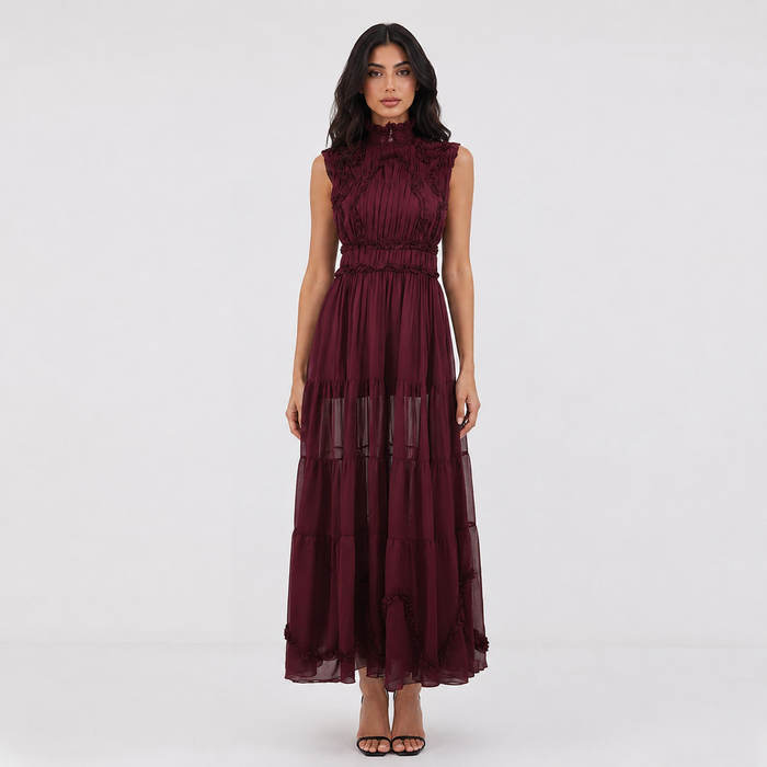 Victorian Lace Chiffon Maxi Dress - Sleeveless