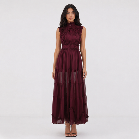 Victorian Lace Chiffon Maxi Dress - Sleeveless