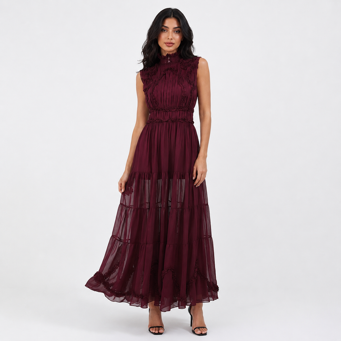 Victorian Lace Chiffon Maxi Dress - Sleeveless