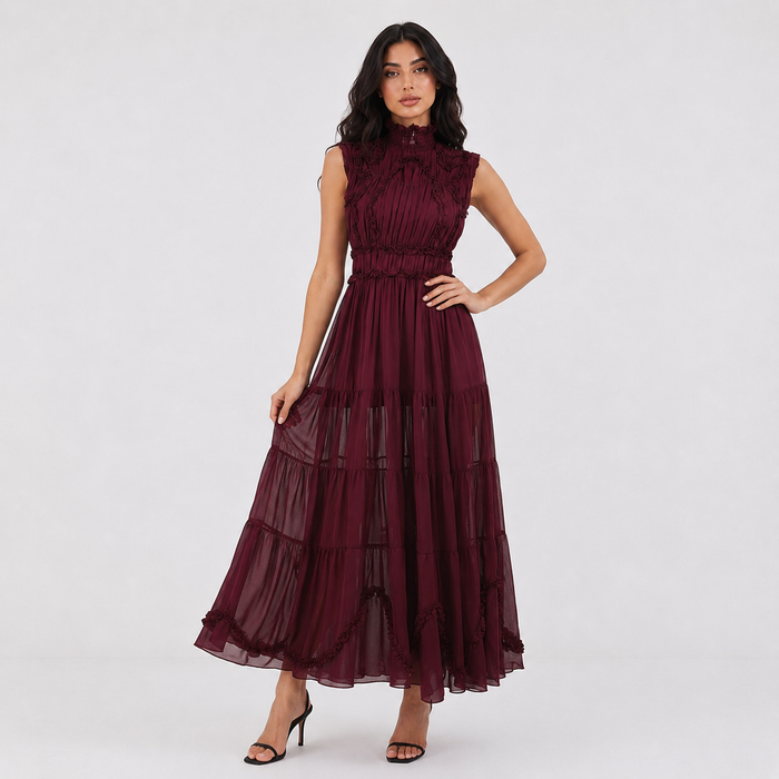 Victorian Lace Chiffon Maxi Dress - Sleeveless