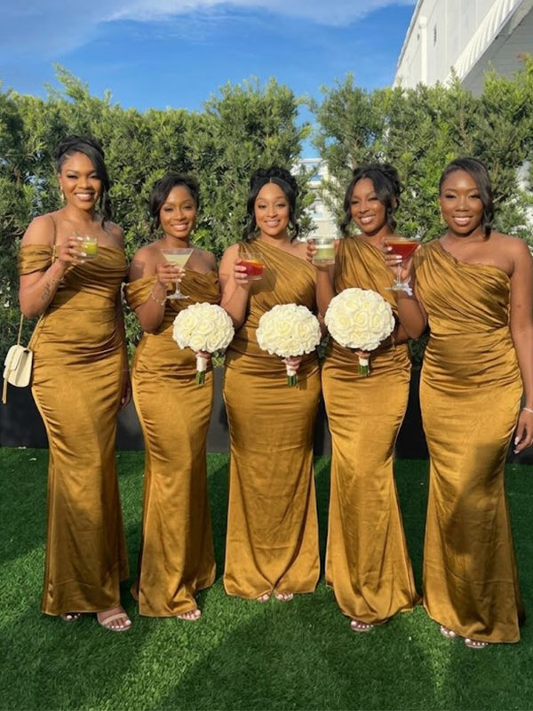 Vintage Gold One Shoulder Pleated Mermaid Bridesmaid Dress, PD2823084