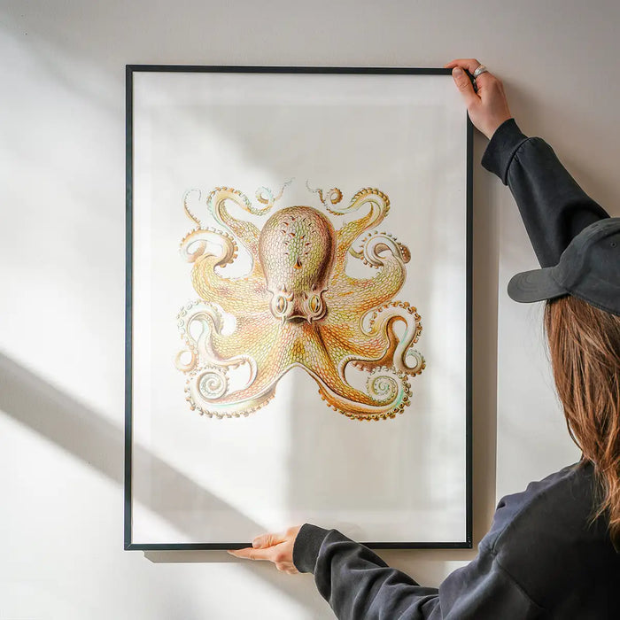 Vintage Octopus Illustration Print being hung on a wall in a black frame