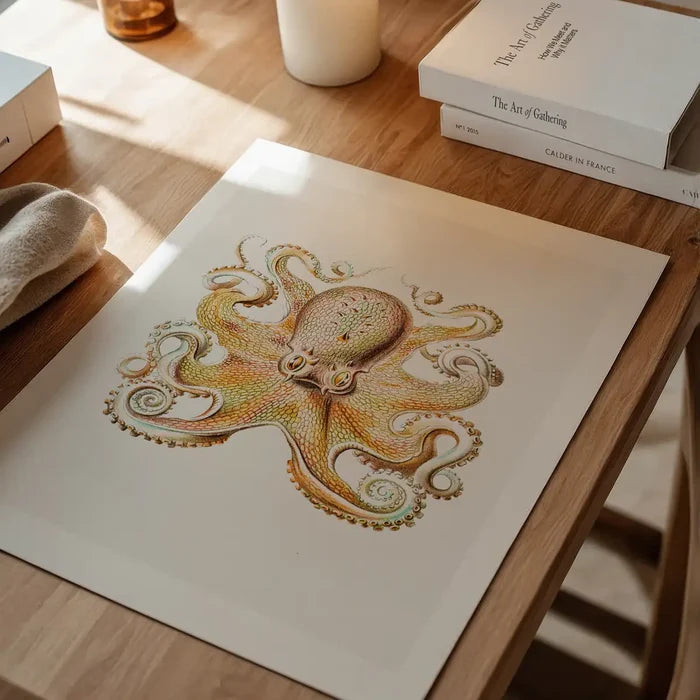 Vintage Octopus Illustration Print unframed on a home office desk