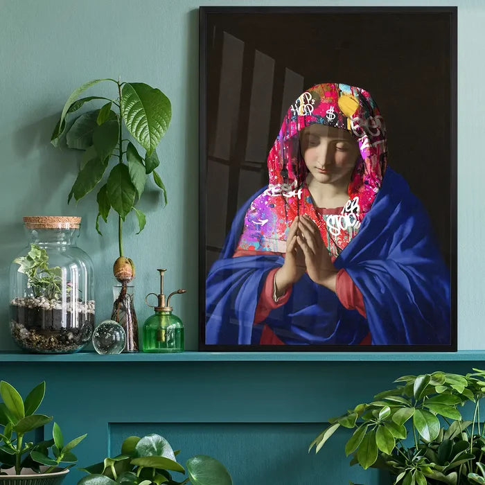 Virgin Mary Graffiti Hood Print, quirky altered art print black framed on a living room shelf