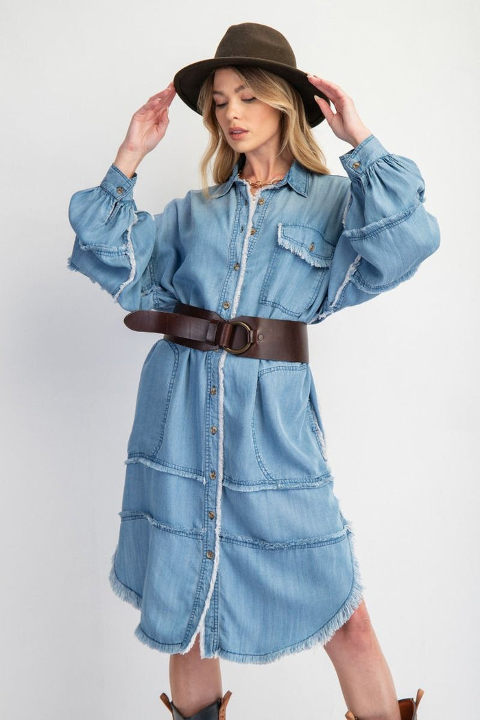 WASHED CHAMBRAY DENIM BUTTON DOWN DRESS