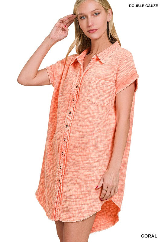 WASHED DOUBLE GAUZE BUTTON DOWN SHIRT DRESS