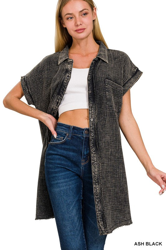 WASHED DOUBLE GAUZE BUTTON DOWN SHIRT DRESS