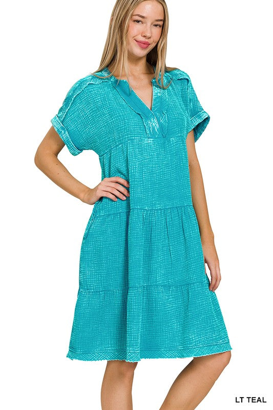 WASHED DOUBLE GAUZE RAW EDGE DRESS