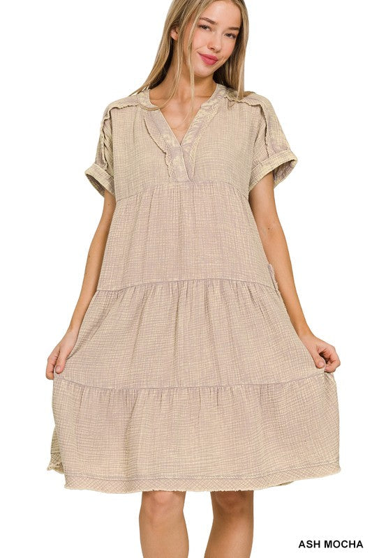 WASHED DOUBLE GAUZE RAW EDGE DRESS