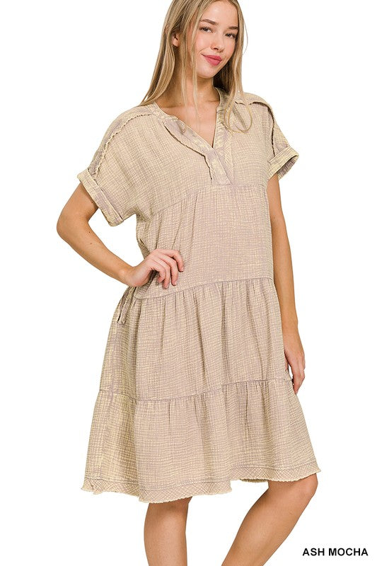 WASHED DOUBLE GAUZE RAW EDGE DRESS