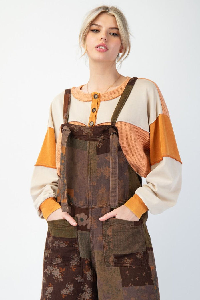 WASHED PRINT MIX JUMPSUIT PANTS