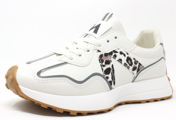 A pair of 'Wave Runner' sneakers featuring a faux leather finish, animal print, and a slight platform sole.