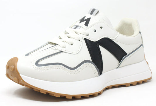 A pair of white sneakers with black and silver accents, featuring  a slight platform sole, and a lace-up closure.