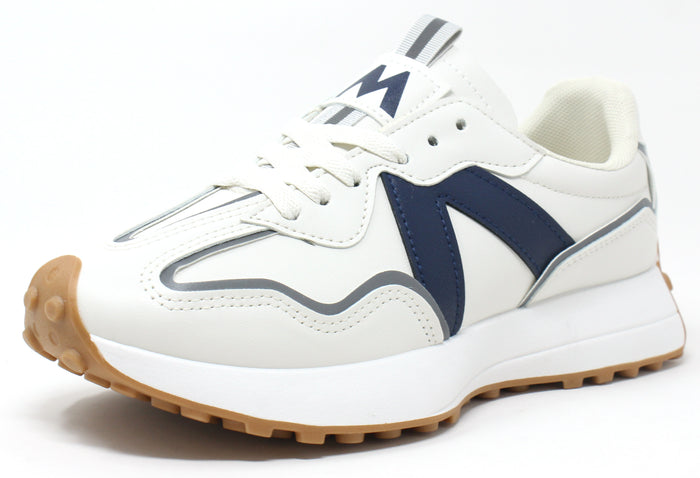 A pair of 'Wave Runner' sneakers featuring a faux leather finish, navy design, and a slight platform sole.