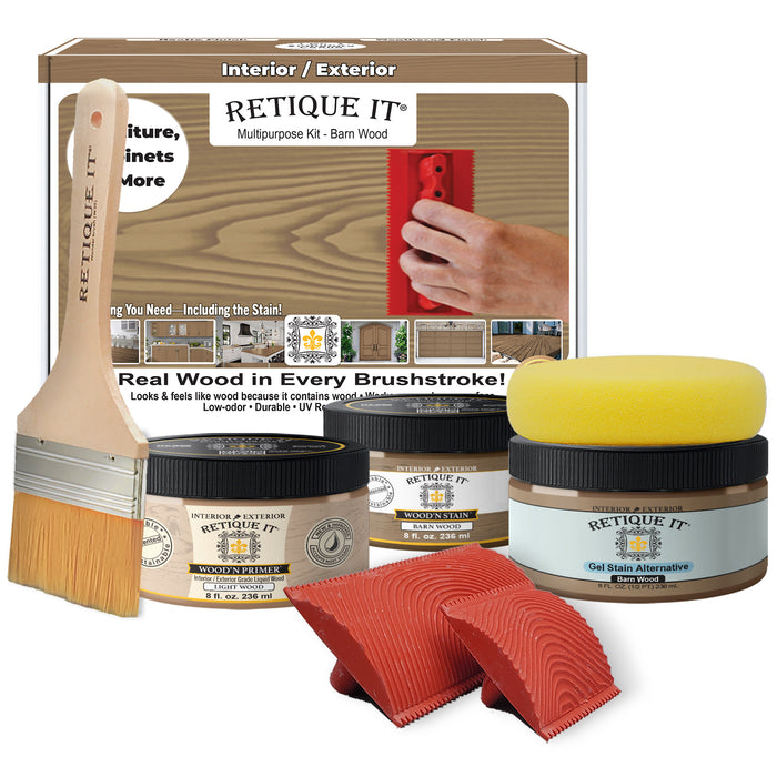 Retique It Weathered Finish Kit in barn wood style showing textured, aged wood finish with natural weathered appearance.
