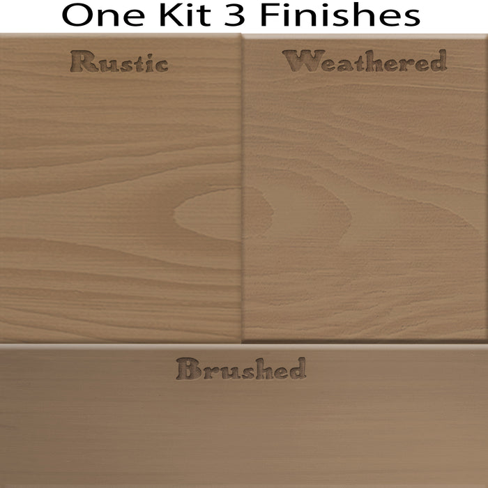 Retique It Weathered Finish Kit with barn wood style sample swatch showing aged, rustic wood texture and weathered finish options.