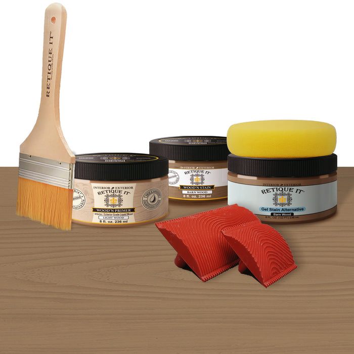 Retique It Weathered Finish Kit with barn wood texture, showcasing realistic weathered wood effects for furniture and decor projects.