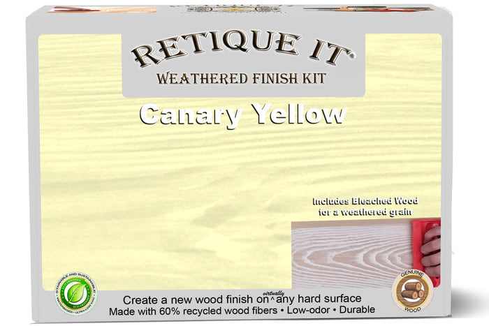 Retique It Weathered Finish Kit in Canary Yellow for wood finishes, showing the textured, weathered yellow wood surface.
