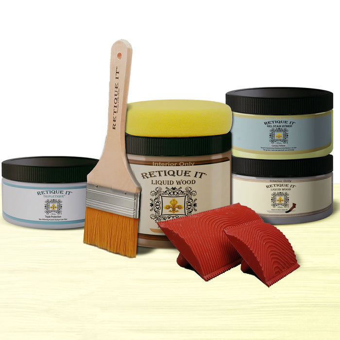 Retique It Weathered Finish Kit in Canary Yellow, showing wood finish samples with a weathered, aged look in yellow tones.