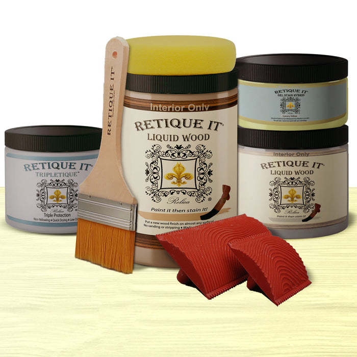 Weathered Finish Kit in Canary Yellow by Retique It showing wood finish samples with a distressed, weathered look.