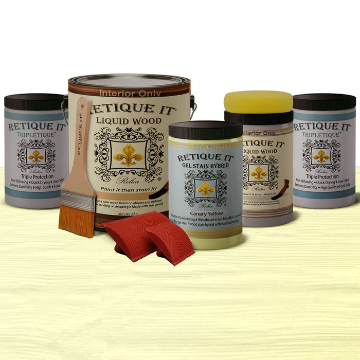 Weathered finish kit in Canary Yellow by Retique It featuring wood finishes and a weathered, bleached look on wood surface.