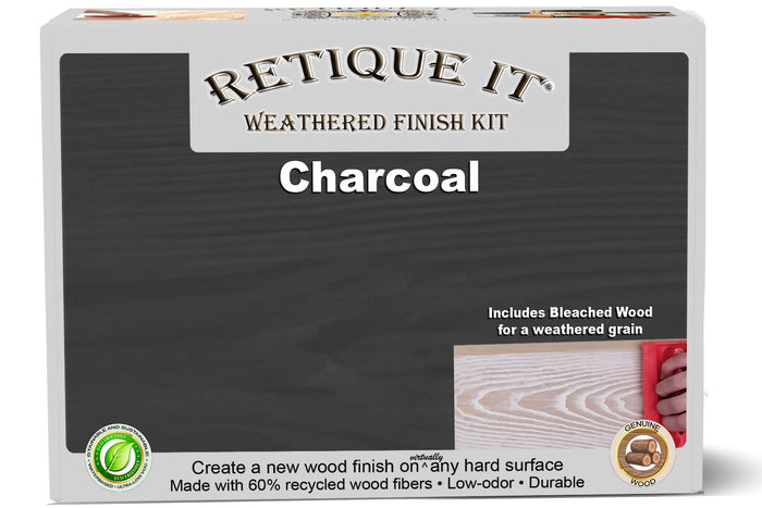 Retique It Weathered Finish Kit in Charcoal for wood finishing, featuring textured, weathered-look wood stain and finishing supplies.