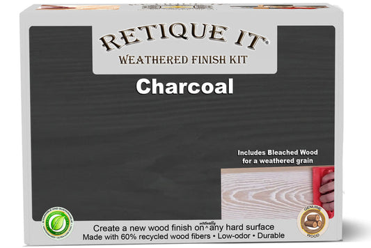 Retique It Weathered Finish Kit in Charcoal for wood finishing, featuring textured, weathered-look wood stain and finishing supplies.