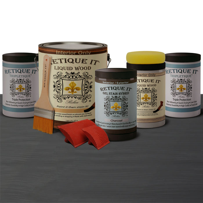 Retique It Weathered Finish Kit in Charcoal demonstrating aged wood effect with a weathered, charcoal-toned wood finish.