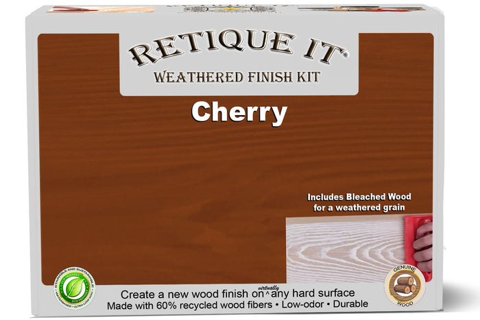 Retique It Weathered Finish Kit in cherry wood with textured, aged appearance for furniture and home decor projects.