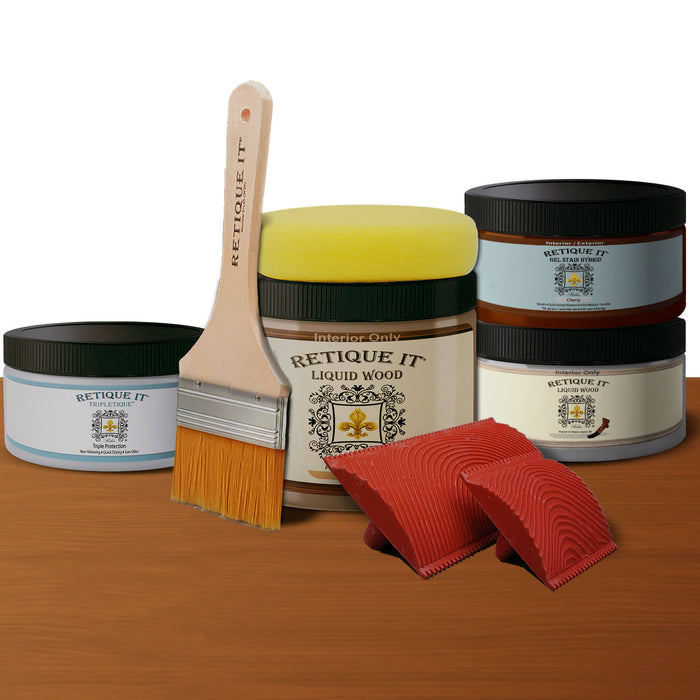Retique It Weathered Finish Kit in Cherry with bleached wood textures and natural weathered appearance.