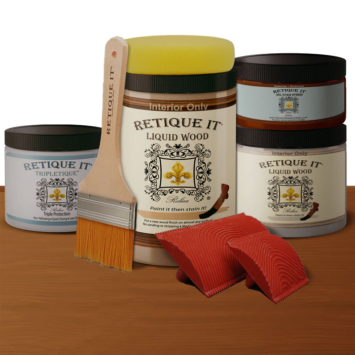 Retique It Weathered Finish Kit in cherry with bleached wood finish, showcasing textured, aged wood surface for furniture refinement.