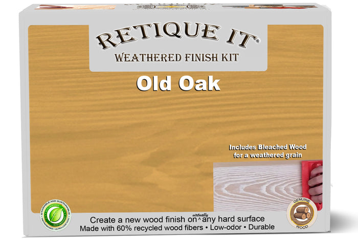 Retique It Weathered Finish Kit in Old Oak, showcasing wood finish samples with a weathered, rustic oak appearance.